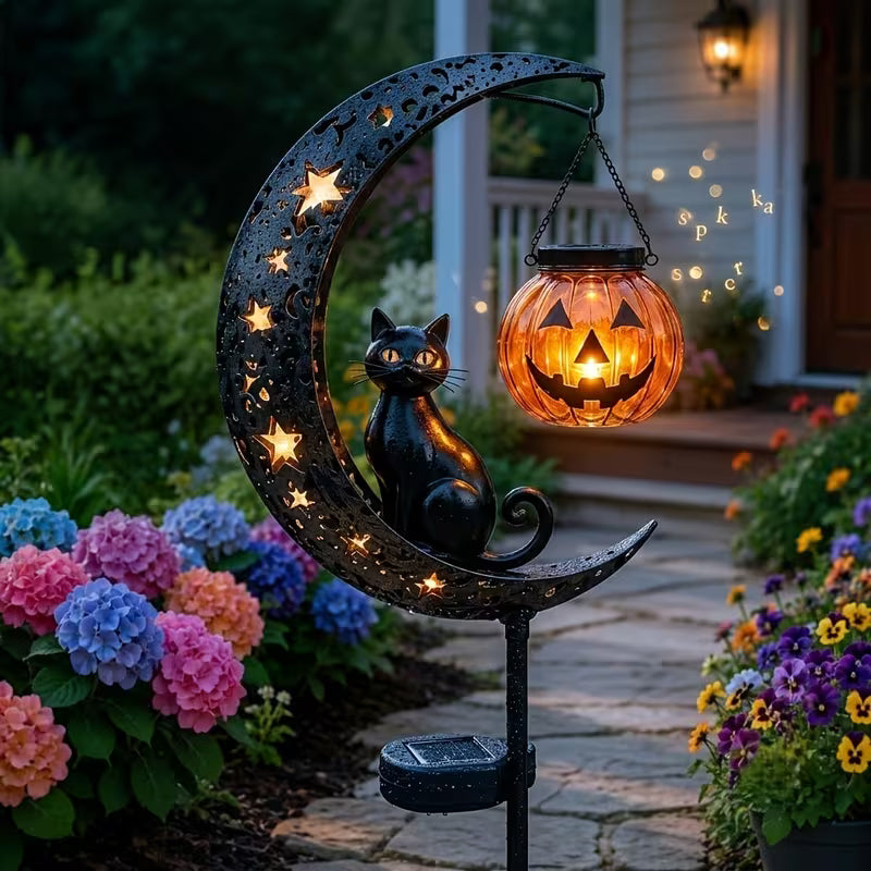Halloween Outdoor Yard Stakes – Weatherproof Black Cat, Crescent Moon & Hanging Pumpkin Garden Silhouette Decor for Lawn, Pathway, Patio & Porc