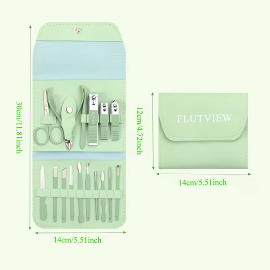 16-Piece Professional Stainless Steel Manicure & Pedicure Grooming Kit – Heavy-Duty Nail Clippers, Cuticle Trimmers & Beauty Care Set with Portable Travel Leather Case
