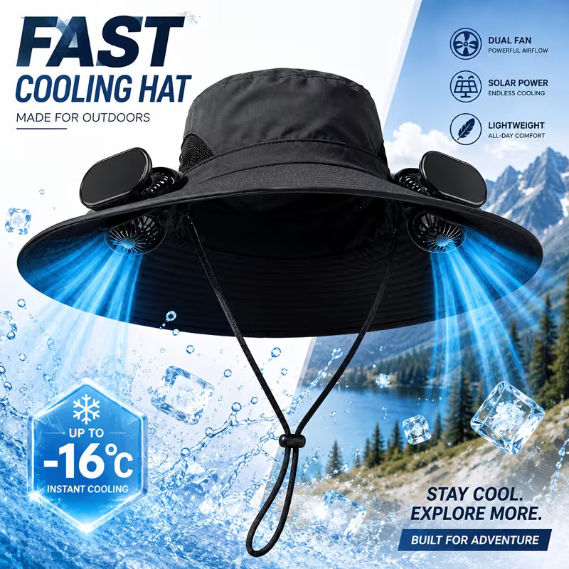 BreezeCap™ Dual-Fan Wide Brim Cooling Sun Hat – UPF 50+ UV Protection, 3-Speed Adjustable Airflow, USB Rechargeable Outdoor Solar Hat for Gardening, Hiking, Fishing, Golf & Travel
