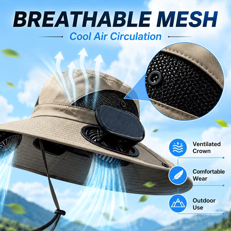 BreezeCap™ Dual-Fan Wide Brim Cooling Sun Hat – UPF 50+ UV Protection, 3-Speed Adjustable Airflow, USB Rechargeable Outdoor Solar Hat for Gardening, Hiking, Fishing, Golf & Travel