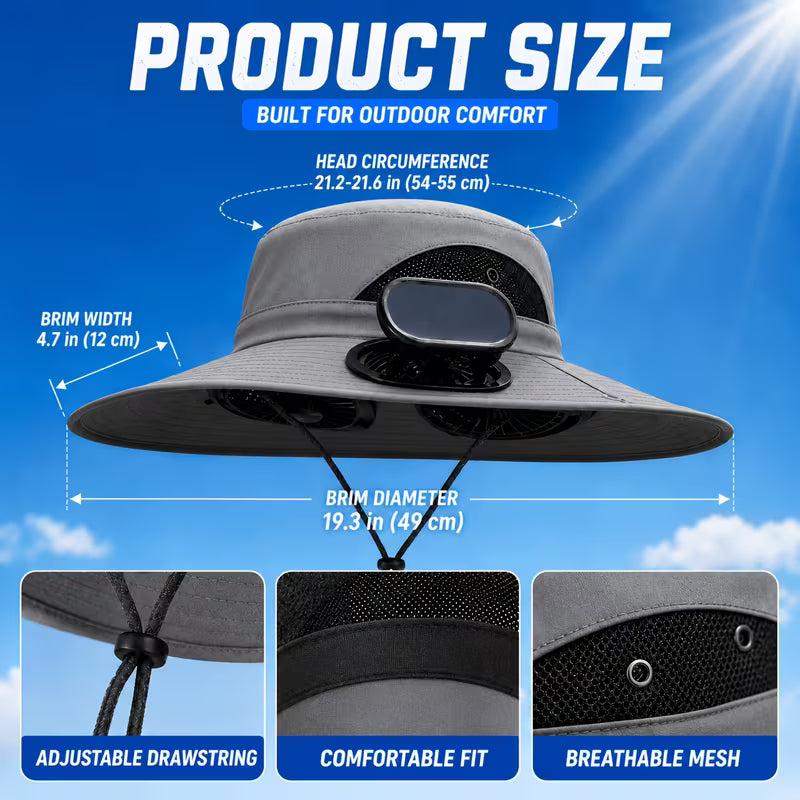 BreezeCap™ Dual-Fan Wide Brim Cooling Sun Hat – UPF 50+ UV Protection, 3-Speed Adjustable Airflow, USB Rechargeable Outdoor Solar Hat for Gardening, Hiking, Fishing, Golf & Travel