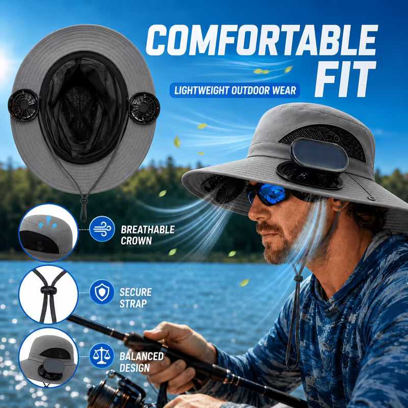 BreezeCap™ Dual-Fan Wide Brim Cooling Sun Hat – UPF 50+ UV Protection, 3-Speed Adjustable Airflow, USB Rechargeable Outdoor Solar Hat for Gardening, Hiking, Fishing, Golf & Travel