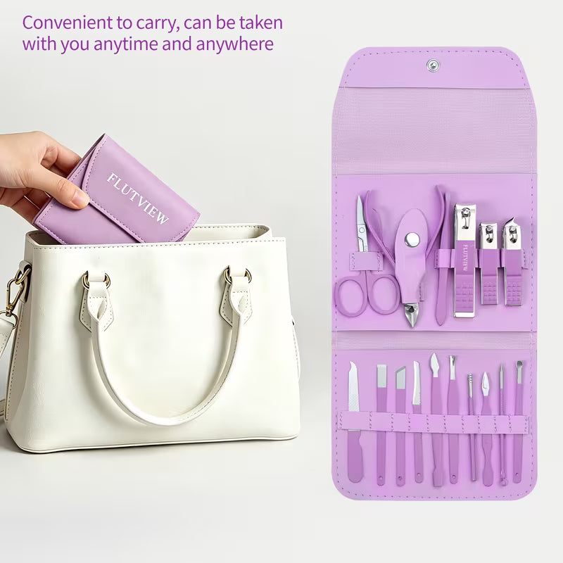 16-Piece Professional Stainless Steel Manicure & Pedicure Grooming Kit – Heavy-Duty Nail Clippers, Cuticle Trimmers & Beauty Care Set with Portable Travel Leather Case