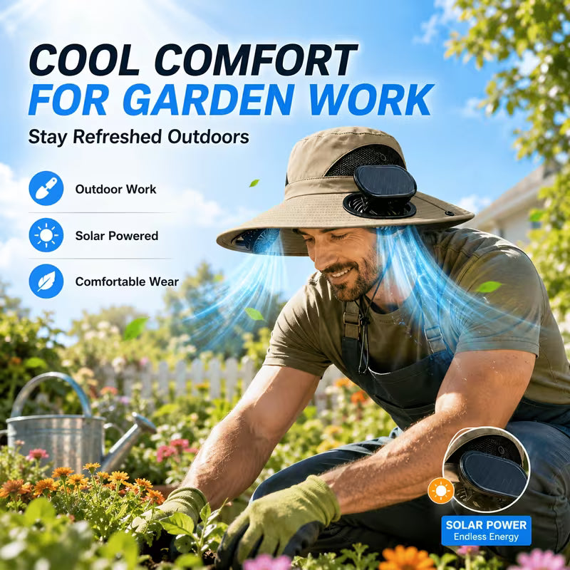 BreezeCap™ Dual-Fan Wide Brim Cooling Sun Hat – UPF 50+ UV Protection, 3-Speed Adjustable Airflow, USB Rechargeable Outdoor Solar Hat for Gardening, Hiking, Fishing, Golf & Travel