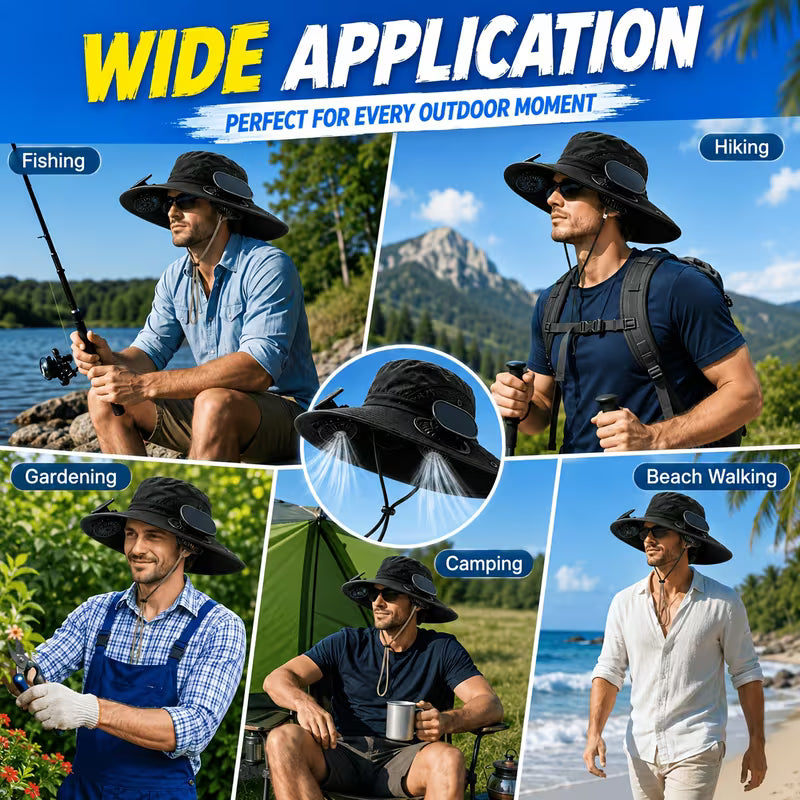 BreezeCap™ Dual-Fan Wide Brim Cooling Sun Hat – UPF 50+ UV Protection, 3-Speed Adjustable Airflow, USB Rechargeable Outdoor Solar Hat for Gardening, Hiking, Fishing, Golf & Travel