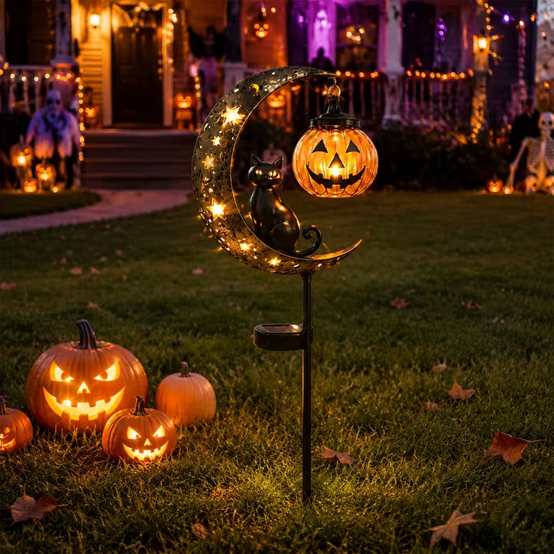 Halloween Outdoor Yard Stakes – Weatherproof Black Cat, Crescent Moon & Hanging Pumpkin Garden Silhouette Decor for Lawn, Pathway, Patio & Porc