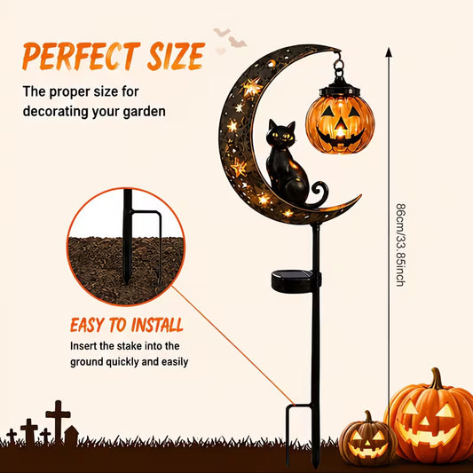 Halloween Outdoor Yard Stakes – Weatherproof Black Cat, Crescent Moon & Hanging Pumpkin Garden Silhouette Decor for Lawn, Pathway, Patio & Porc