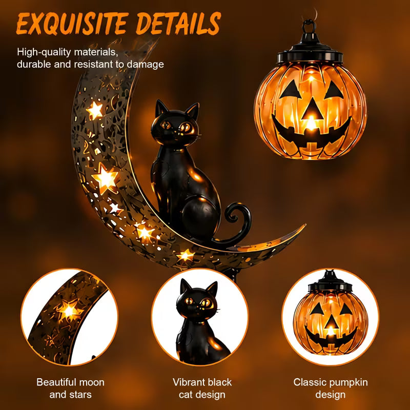 Halloween Outdoor Yard Stakes – Weatherproof Black Cat, Crescent Moon & Hanging Pumpkin Garden Silhouette Decor for Lawn, Pathway, Patio & Porc