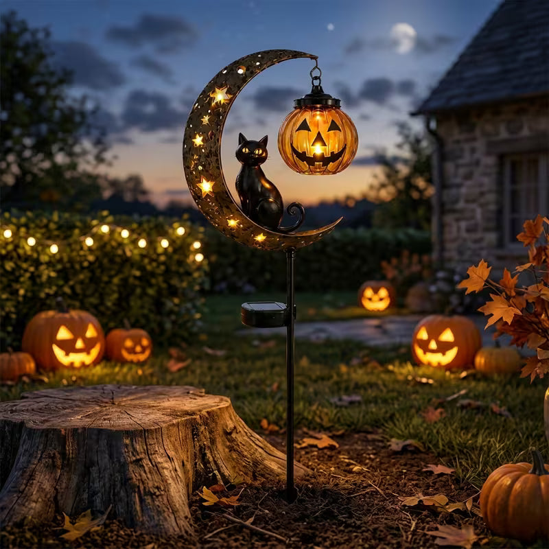 Halloween Outdoor Yard Stakes – Weatherproof Black Cat, Crescent Moon & Hanging Pumpkin Garden Silhouette Decor for Lawn, Pathway, Patio & Porc
