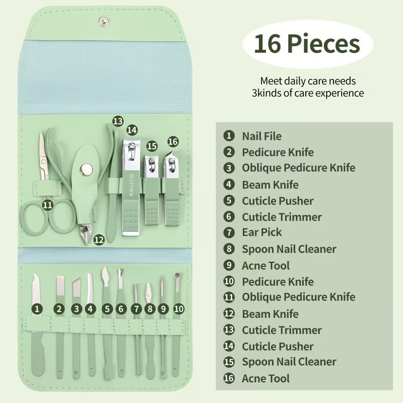 16-Piece Professional Stainless Steel Manicure & Pedicure Grooming Kit – Heavy-Duty Nail Clippers, Cuticle Trimmers & Beauty Care Set with Portable Travel Leather Case