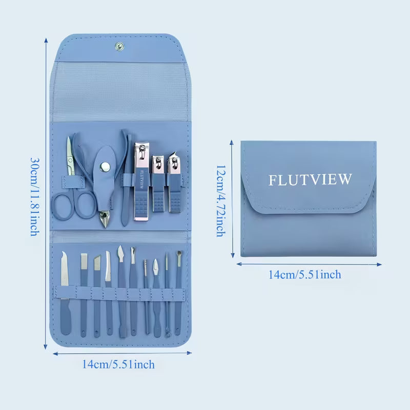 16-Piece Professional Stainless Steel Manicure & Pedicure Grooming Kit – Heavy-Duty Nail Clippers, Cuticle Trimmers & Beauty Care Set with Portable Travel Leather Case