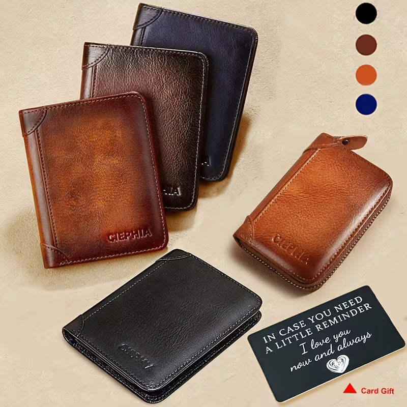 Slim RFID Blocking Vintage Leather Men's Wallet – Front Pocket Minimalist Bifold Card Holder with Clear ID Window & Cash Compartment