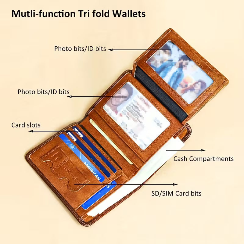 Slim RFID Blocking Vintage Leather Men's Wallet – Front Pocket Minimalist Bifold Card Holder with Clear ID Window & Cash Compartment