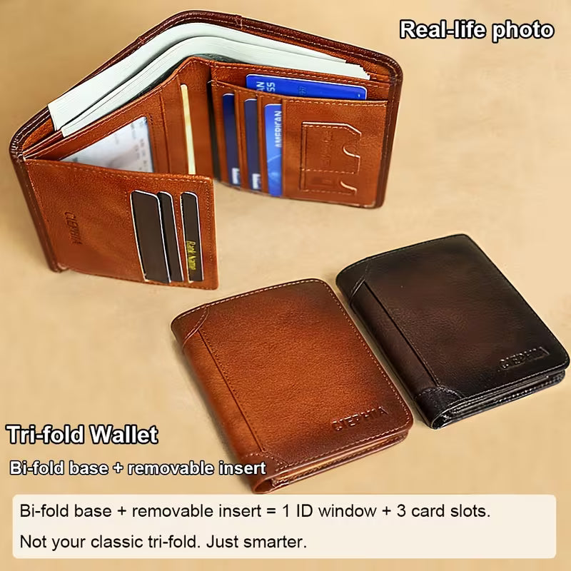 Slim RFID Blocking Vintage Leather Men's Wallet – Front Pocket Minimalist Bifold Card Holder with Clear ID Window & Cash Compartment