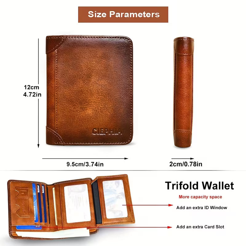 Slim RFID Blocking Vintage Leather Men's Wallet – Front Pocket Minimalist Bifold Card Holder with Clear ID Window & Cash Compartment