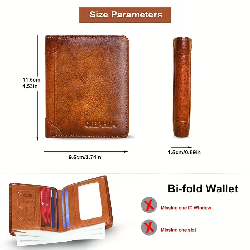 Slim RFID Blocking Vintage Leather Men's Wallet – Front Pocket Minimalist Bifold Card Holder with Clear ID Window & Cash Compartment