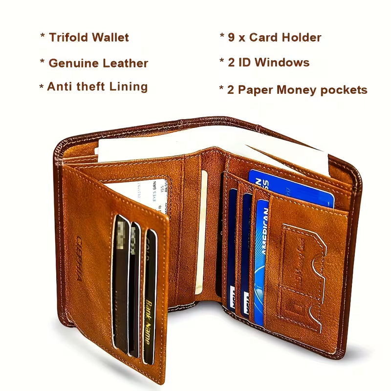Slim RFID Blocking Vintage Leather Men's Wallet – Front Pocket Minimalist Bifold Card Holder with Clear ID Window & Cash Compartment