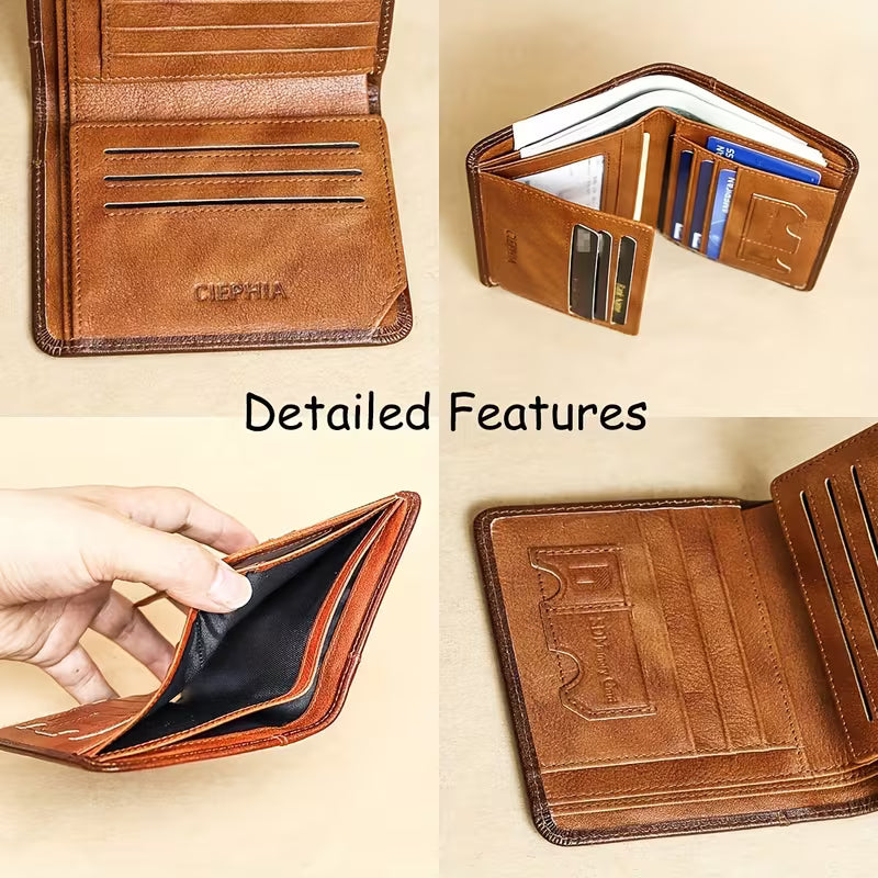 Slim RFID Blocking Vintage Leather Men's Wallet – Front Pocket Minimalist Bifold Card Holder with Clear ID Window & Cash Compartment
