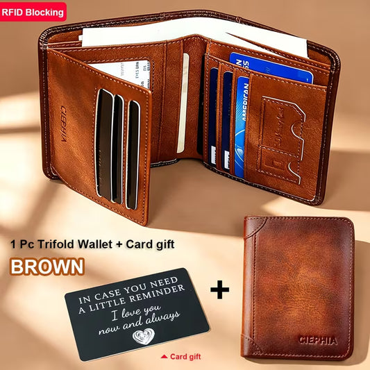 Slim RFID Blocking Vintage Leather Men's Wallet – Front Pocket Minimalist Bifold Card Holder with Clear ID Window & Cash Compartment